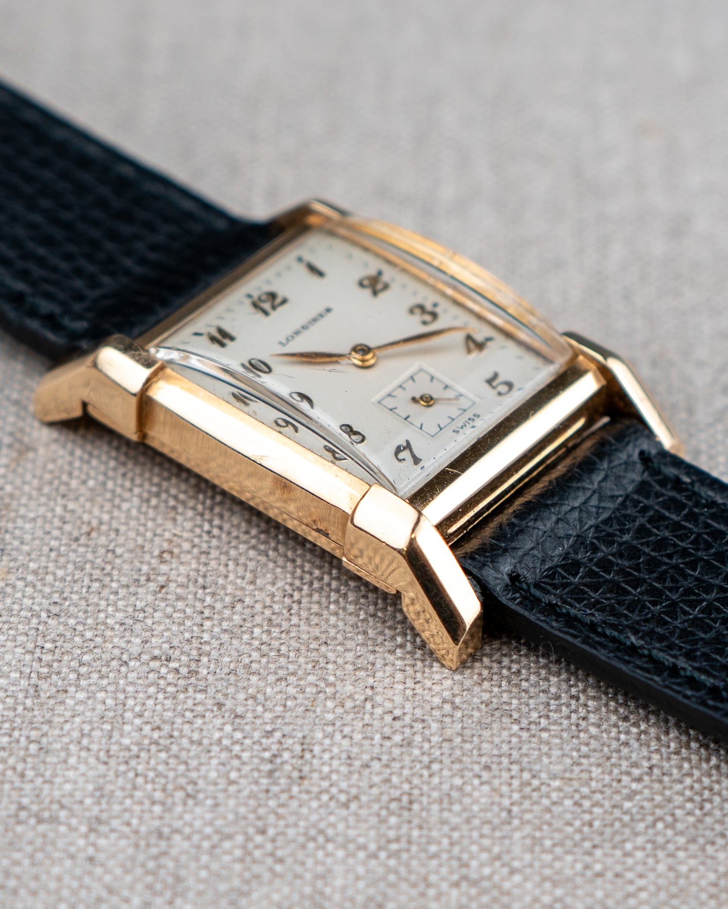 1949 Vintage Longines Solid Gold Rectangle - Fancy Lugs and Silver Dial