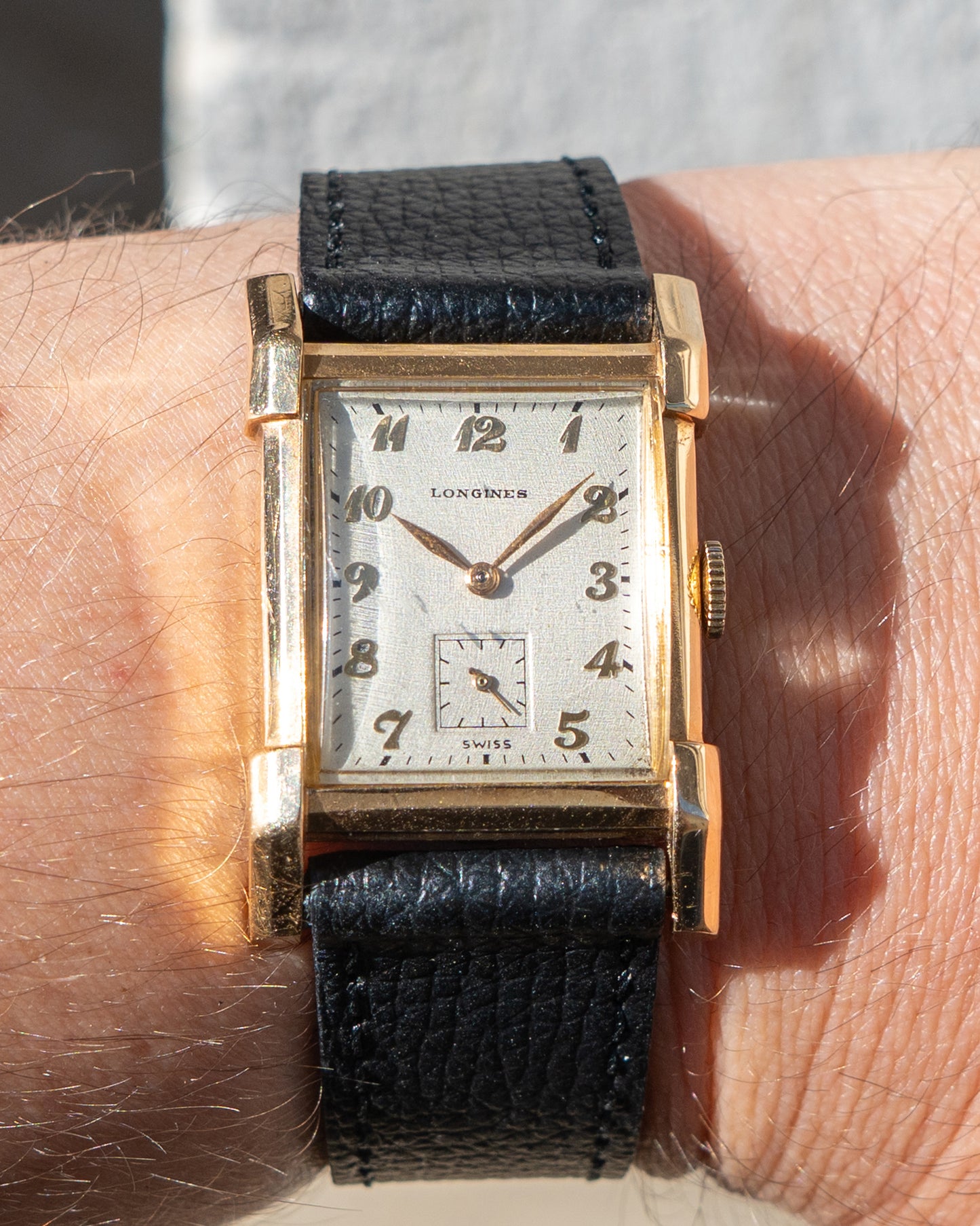 1949 Vintage Longines Solid Gold Rectangle - Fancy Lugs and Silver Dial