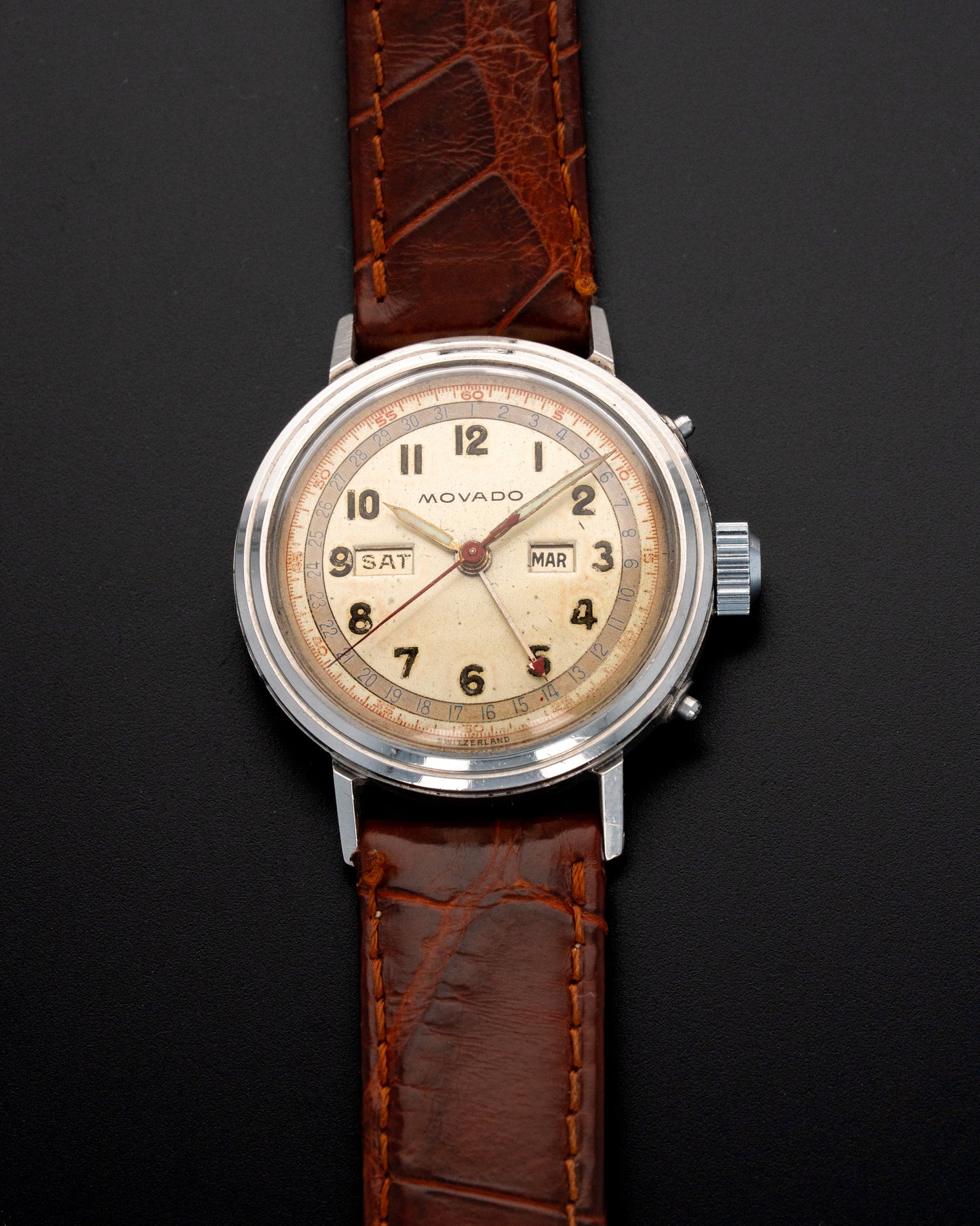 1940's Vintage Movado Triple Date Calendar Calendograf Acvatic Borgel Case - Silver Dial