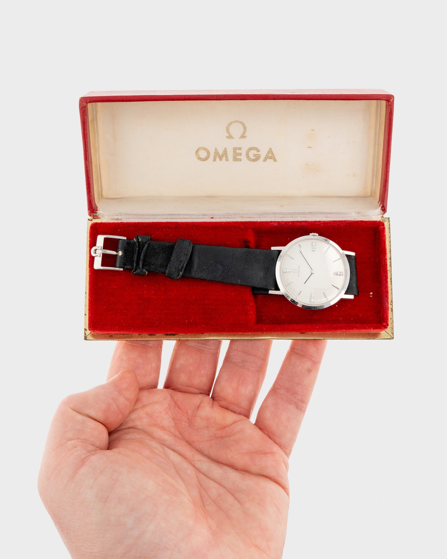1965 Vintage White Gold Omega - Diamond Dial with Original Box and Strap