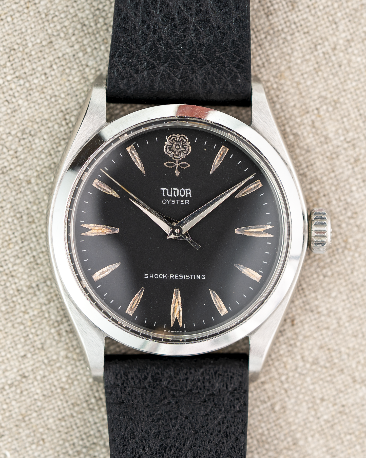 1962 Vintage Tudor Oyster Shock-Resisting Ref. 7934 - Matte Black 'Big Rose' Dial