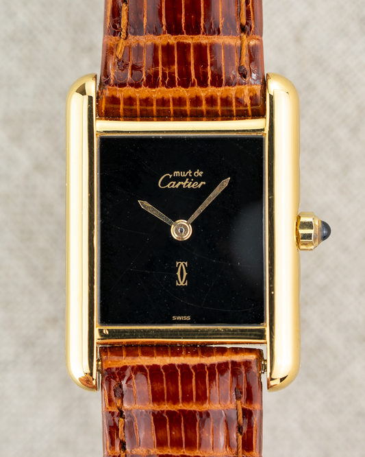 1980's Vintage Cartier Tank Must de Vermeil Small Model Ref. 54377 - Black 'Onyx' Spider Dial