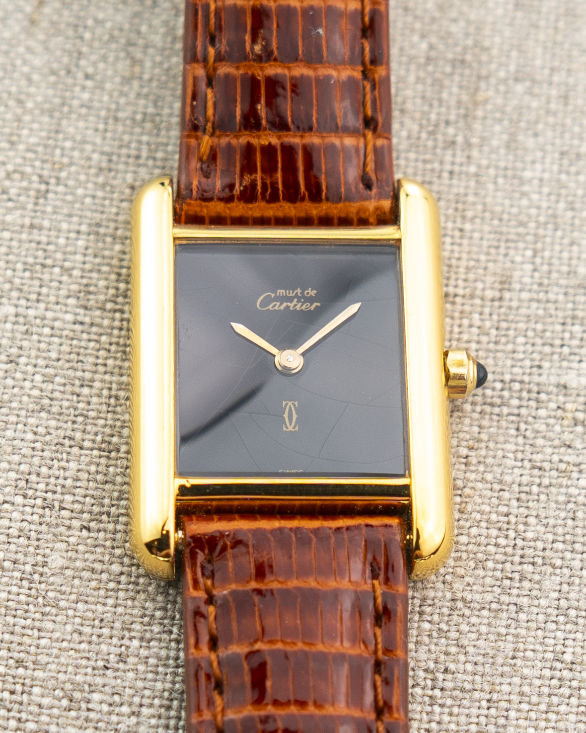 1980's Vintage Cartier Tank Must de Vermeil Small Model Ref. 54377 - Black 'Onyx' Spider Dial