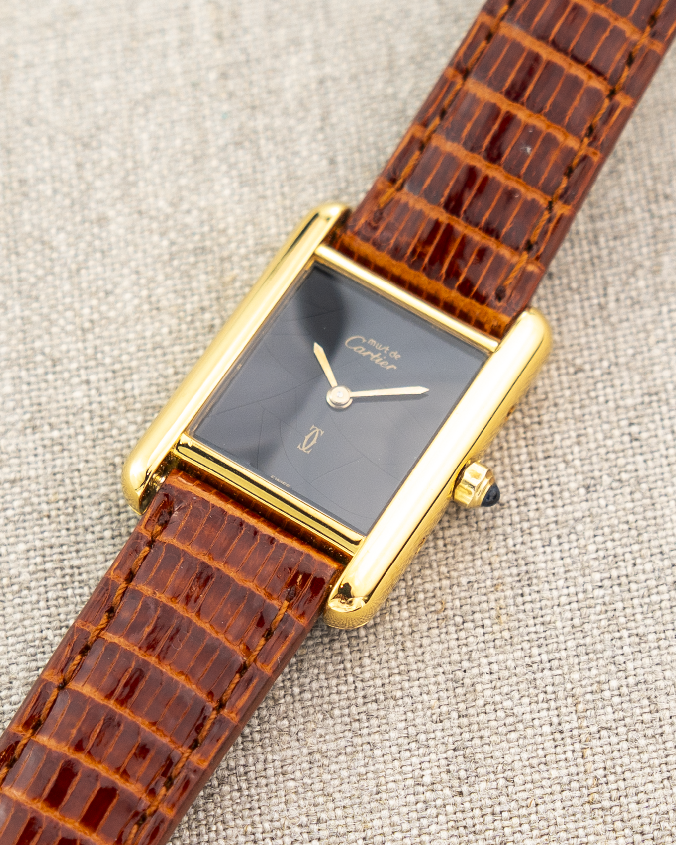 1980's Vintage Cartier Tank Must de Vermeil Small Model Ref. 54377 - Black 'Onyx' Spider Dial