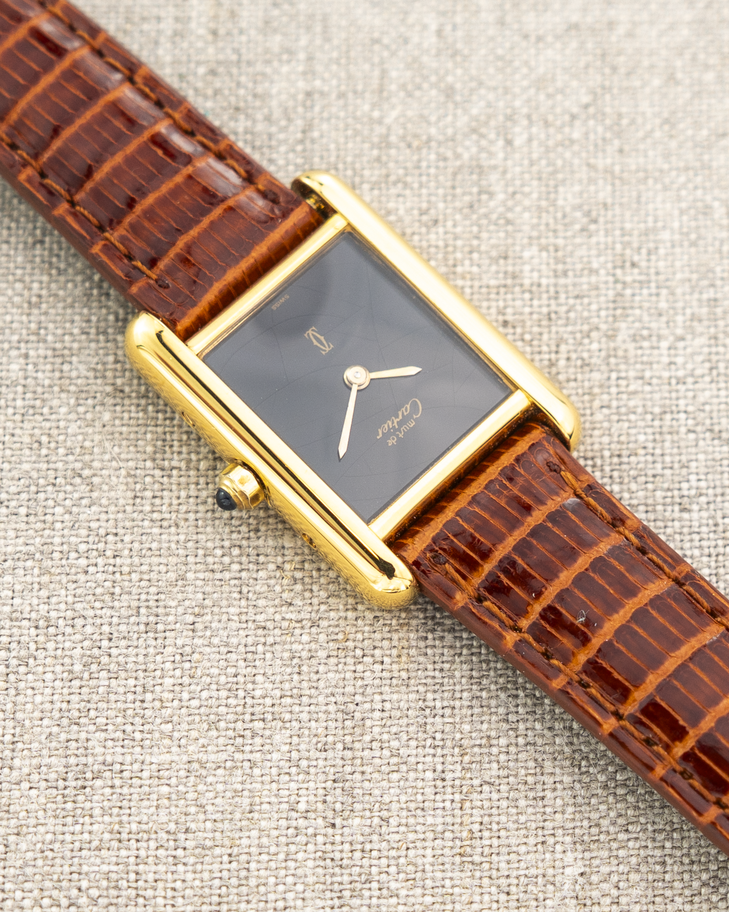 1980's Vintage Cartier Tank Must de Vermeil Small Model Ref. 54377 - Black 'Onyx' Spider Dial