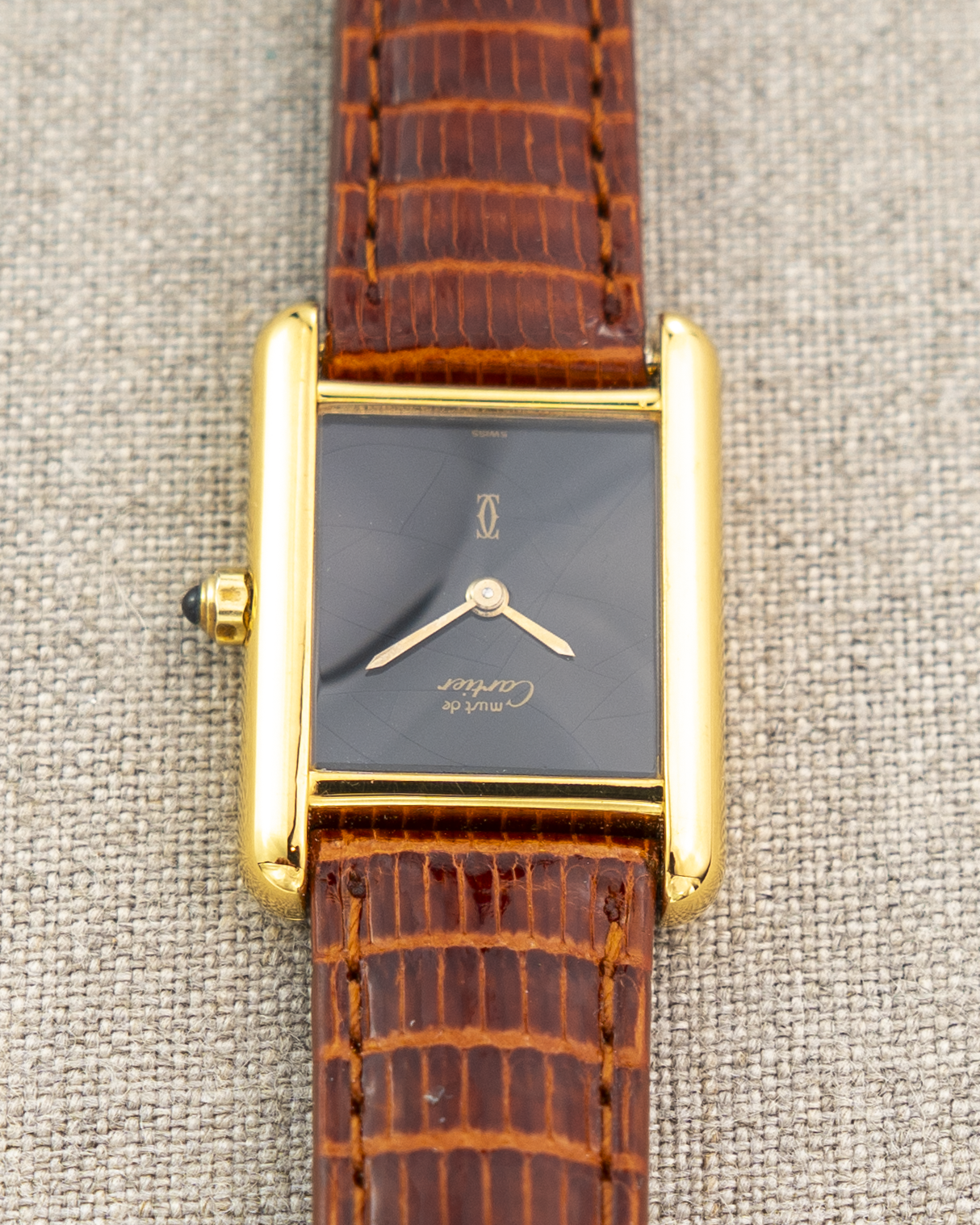 1980's Vintage Cartier Tank Must de Vermeil Small Model Ref. 54377 - Black 'Onyx' Spider Dial