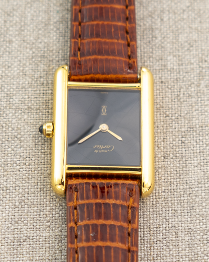 1980's Vintage Cartier Tank Must de Vermeil Small Model Ref. 54377 - Black 'Onyx' Spider Dial