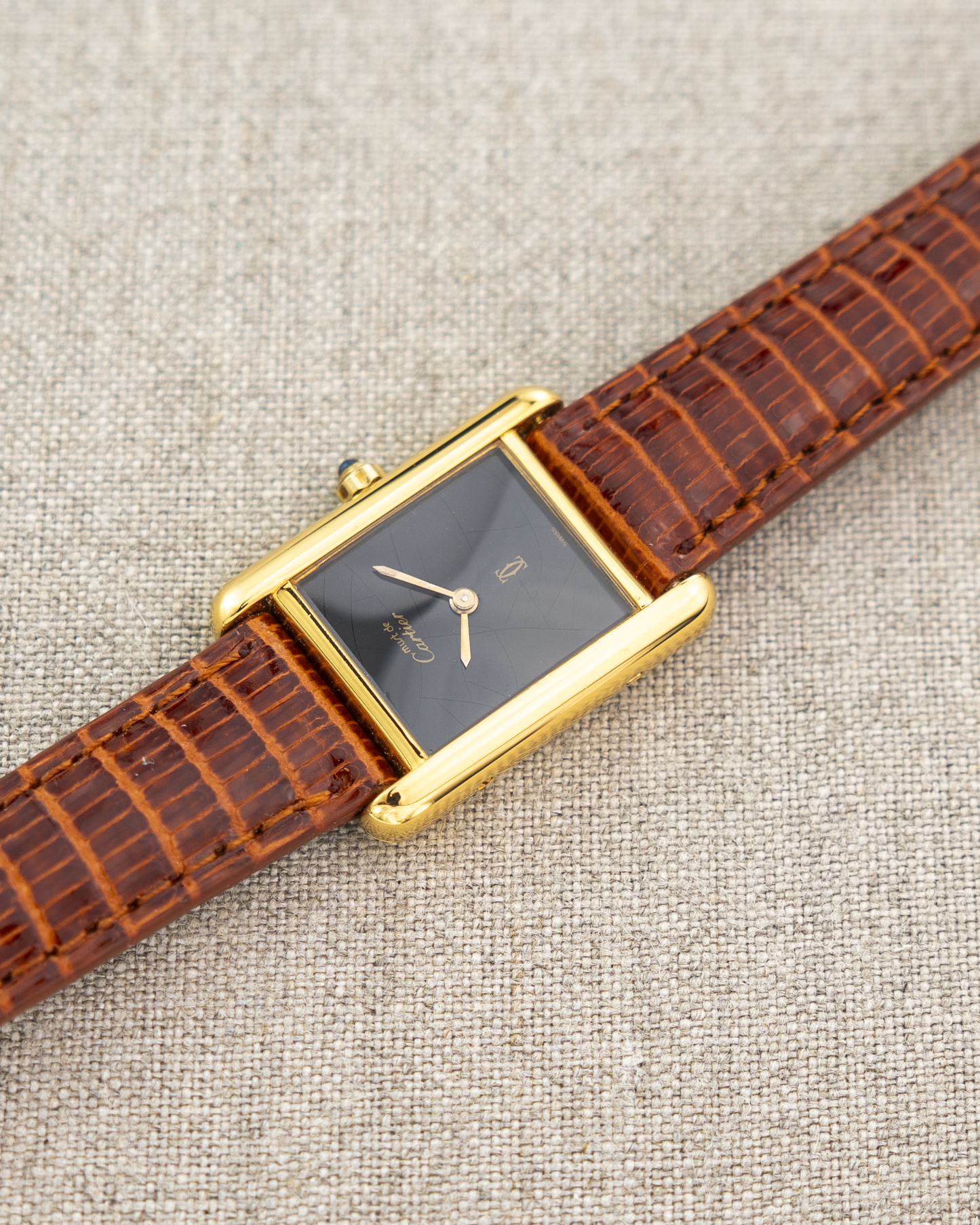1980's Vintage Cartier Tank Must de Vermeil Small Model Ref. 54377 - Black 'Onyx' Spider Dial