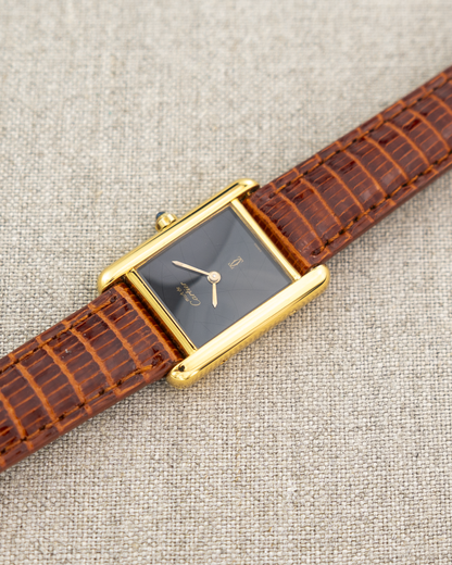 1980's Vintage Cartier Tank Must de Vermeil Small Model Ref. 54377 - Black 'Onyx' Spider Dial