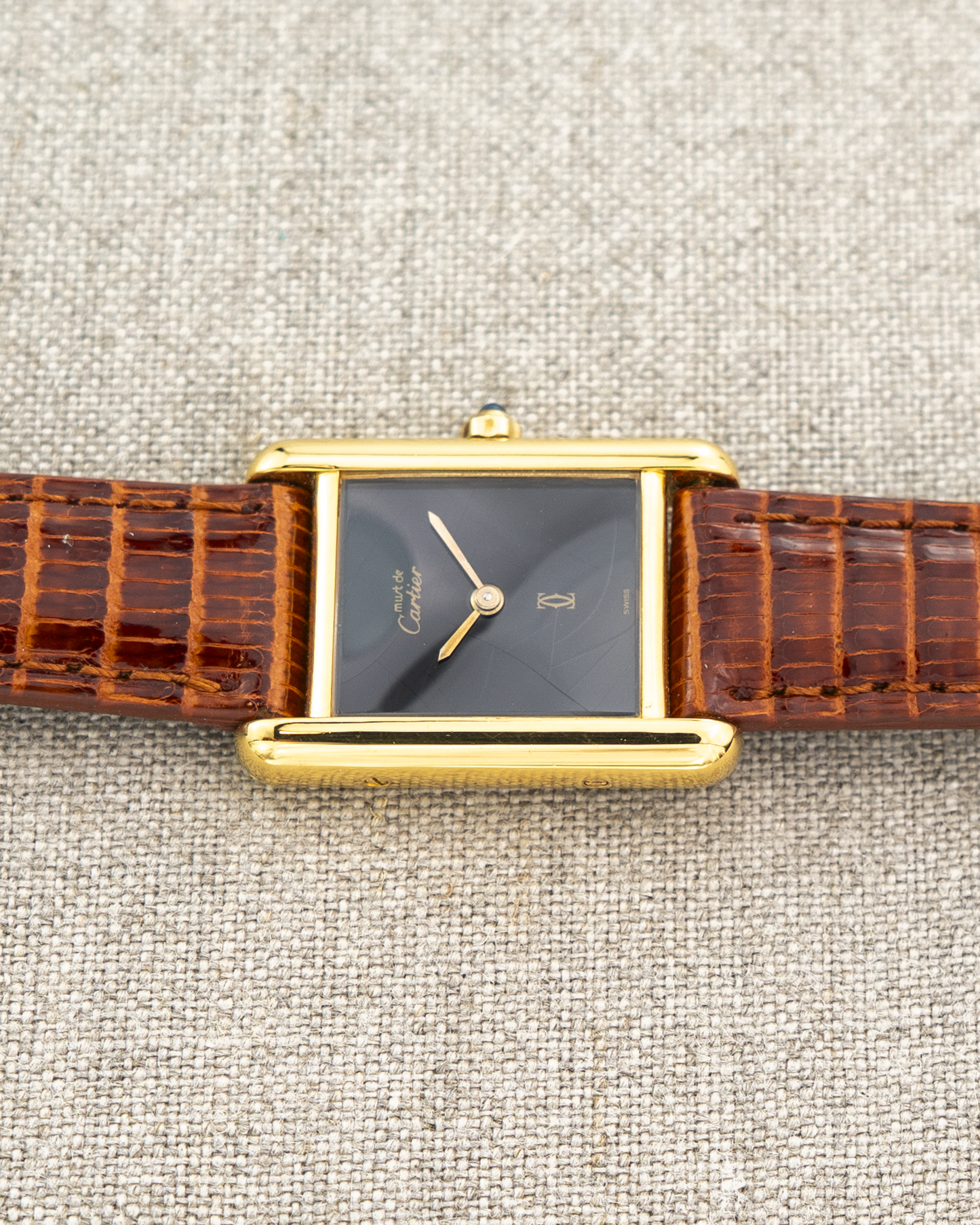 1980's Vintage Cartier Tank Must de Vermeil Small Model Ref. 54377 - Black 'Onyx' Spider Dial