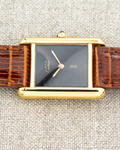 1980's Vintage Cartier Tank Must de Vermeil Small Model Ref. 54377 - Black 'Onyx' Spider Dial