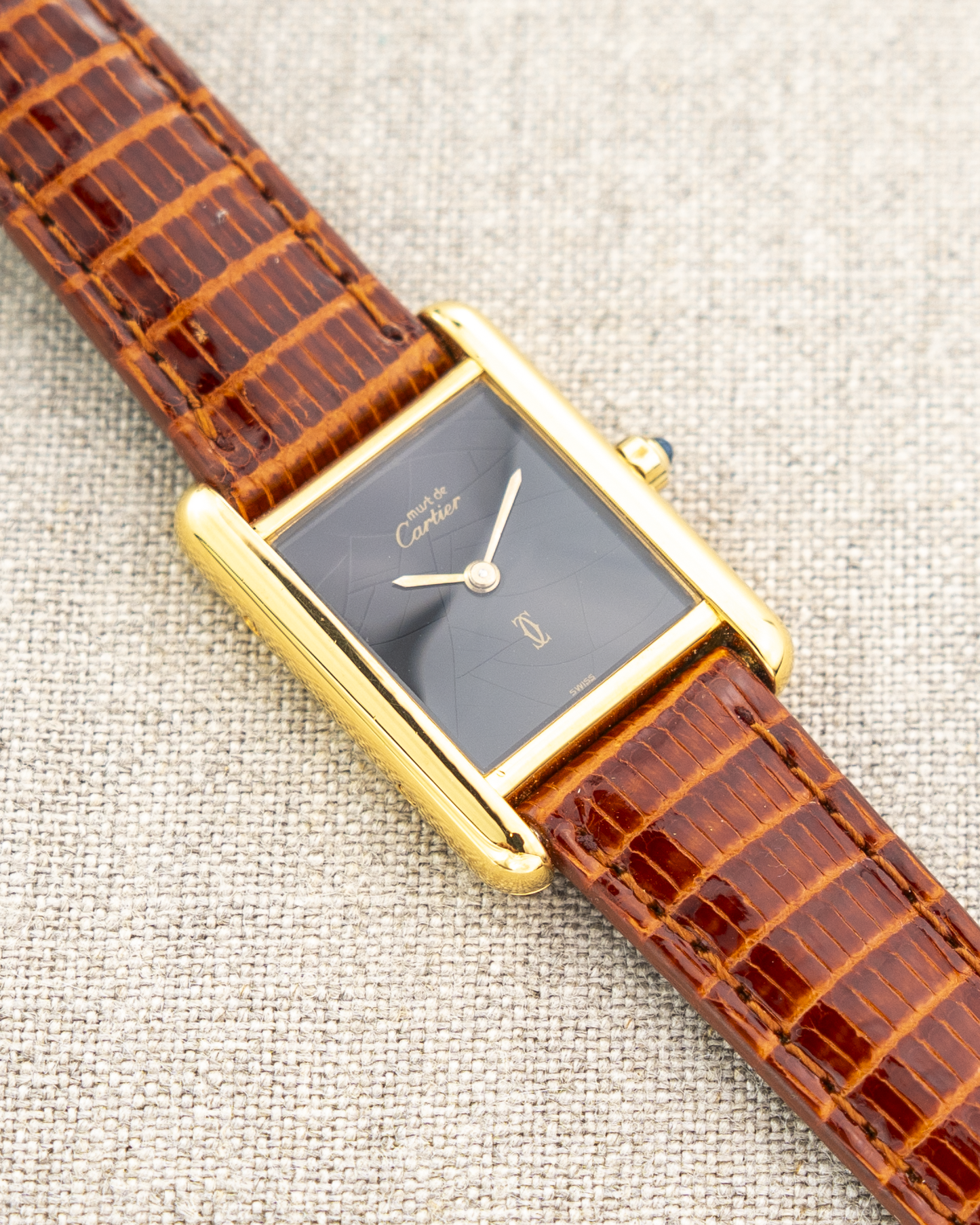 1980's Vintage Cartier Tank Must de Vermeil Small Model Ref. 54377 - Black 'Onyx' Spider Dial
