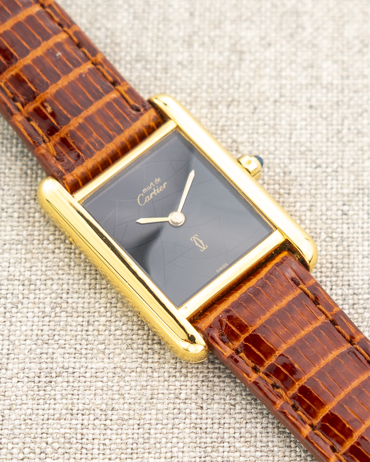 1980's Vintage Cartier Tank Must de Vermeil Small Model Ref. 54377 - Black 'Onyx' Spider Dial