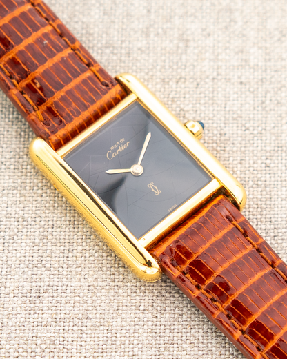 1980's Vintage Cartier Tank Must de Vermeil Small Model Ref. 54377 - Black 'Onyx' Spider Dial