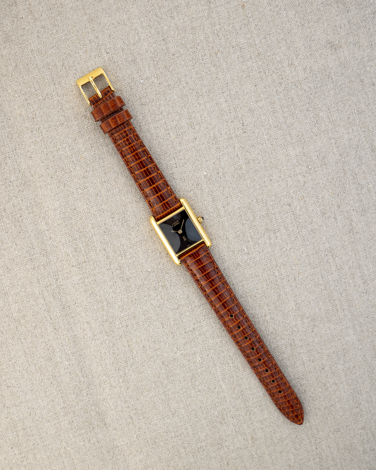 1980's Vintage Cartier Tank Must de Vermeil Small Model Ref. 54377 - Black 'Onyx' Spider Dial