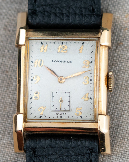 1949 Vintage Longines Solid Gold Rectangle - Fancy Lugs and Silver Dial