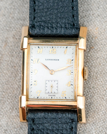 1949 Vintage Longines Solid Gold Rectangle - Fancy Lugs and Silver Dial