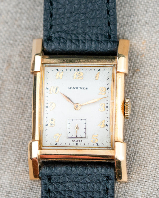 1949 Vintage Longines Solid Gold Rectangle - Fancy Lugs and Silver Dial