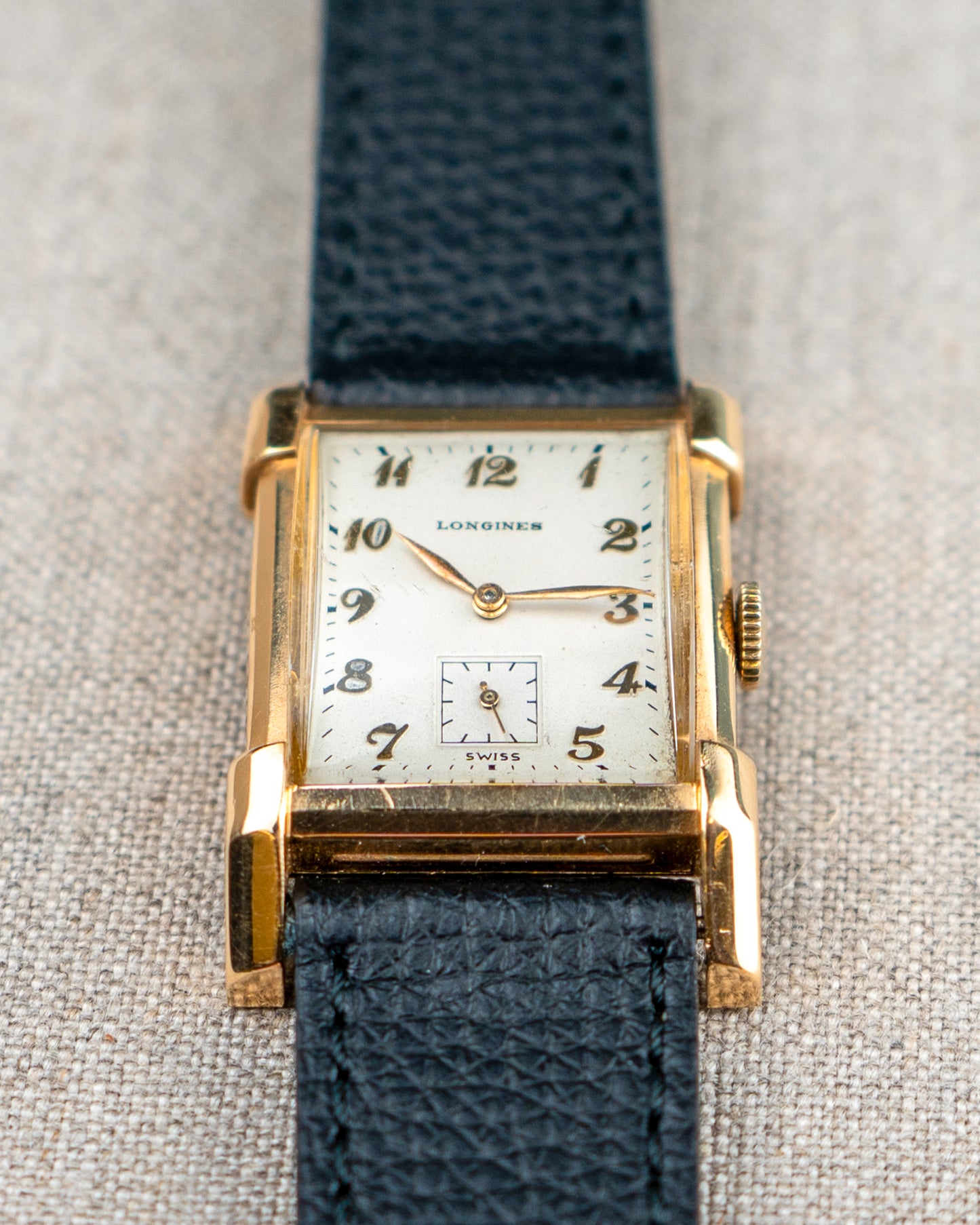 1949 Vintage Longines Solid Gold Rectangle - Fancy Lugs and Silver Dial