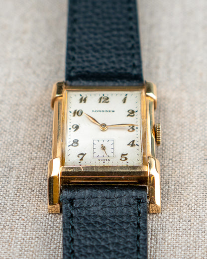 1949 Vintage Longines Solid Gold Rectangle - Fancy Lugs and Silver Dial
