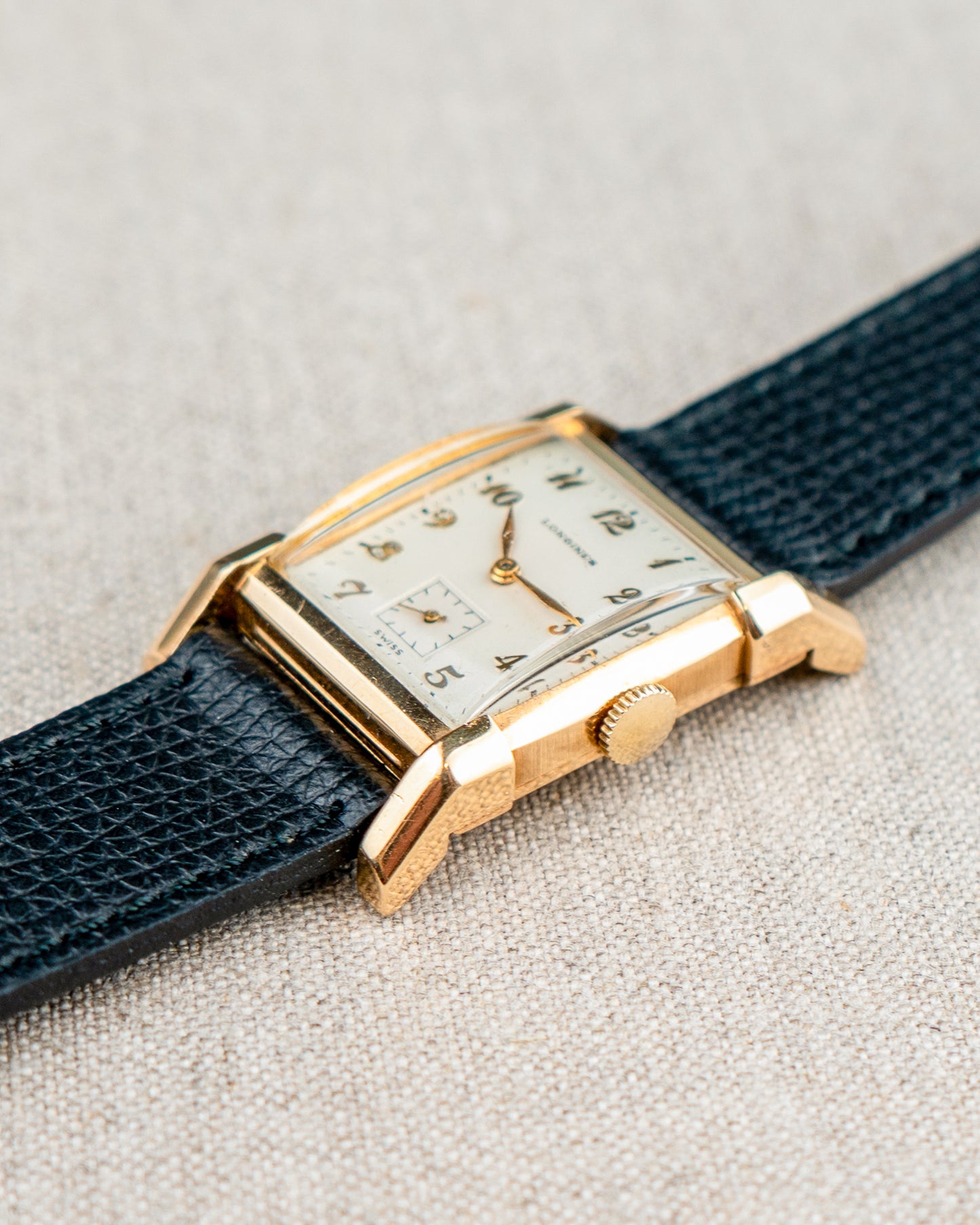 1949 Vintage Longines Solid Gold Rectangle - Fancy Lugs and Silver Dial