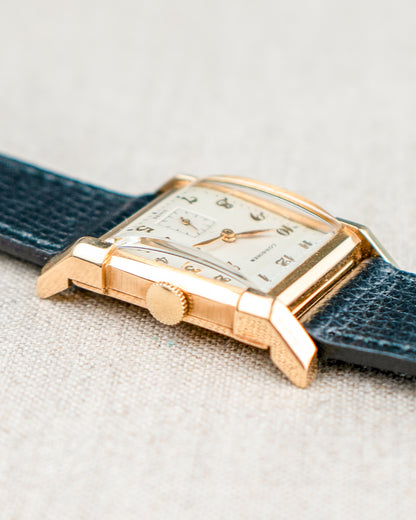 1949 Vintage Longines Solid Gold Rectangle - Fancy Lugs and Silver Dial