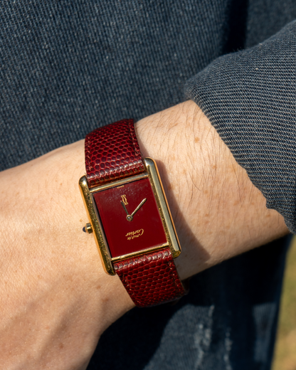1990's Vintage Cartier Tank Must de Vermeil Large Model Ref. 681008 - Burgundy Red Dial
