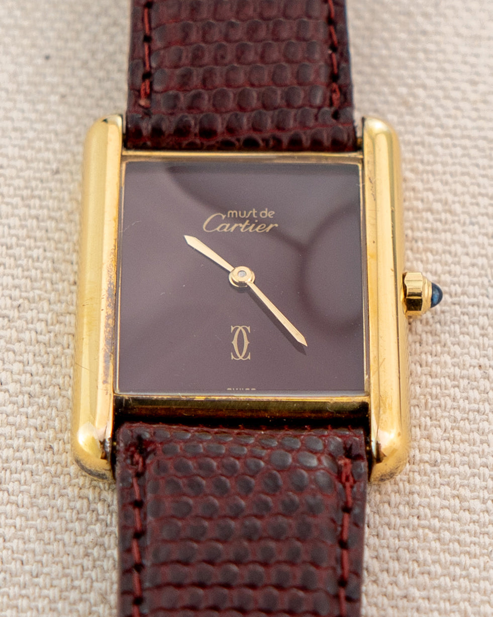 1990's Vintage Cartier Tank Must de Vermeil Large Model Ref. 681008 - Burgundy Red Dial