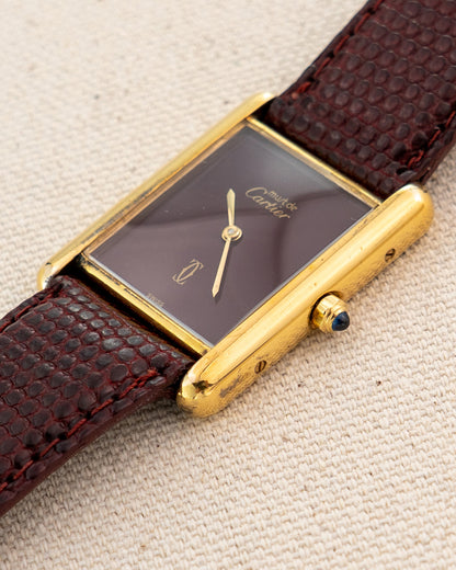 1990's Vintage Cartier Tank Must de Vermeil Large Model Ref. 681008 - Burgundy Red Dial