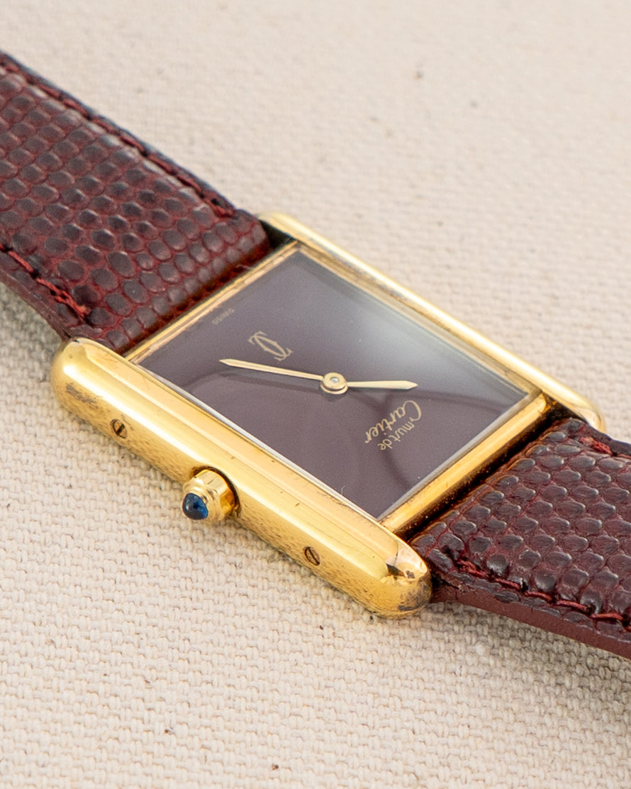 1990's Vintage Cartier Tank Must de Vermeil Large Model Ref. 681008 - Burgundy Red Dial