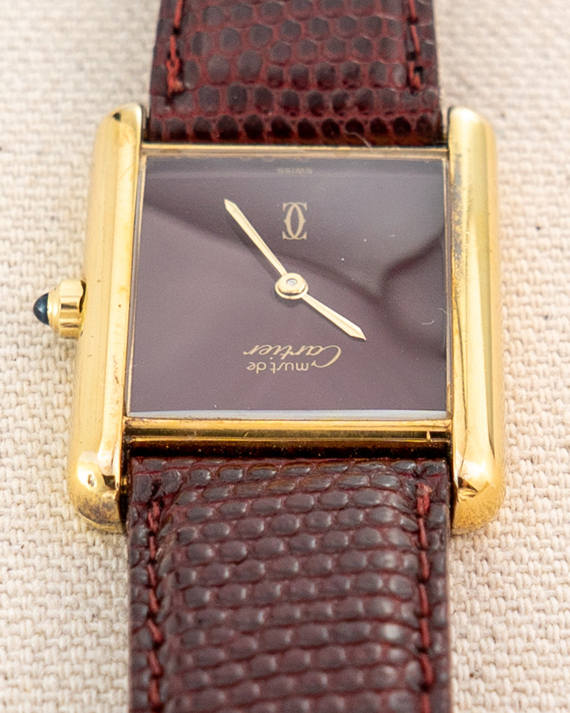 1990's Vintage Cartier Tank Must de Vermeil Large Model Ref. 681008 - Burgundy Red Dial