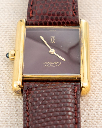 1990's Vintage Cartier Tank Must de Vermeil Large Model Ref. 681008 - Burgundy Red Dial