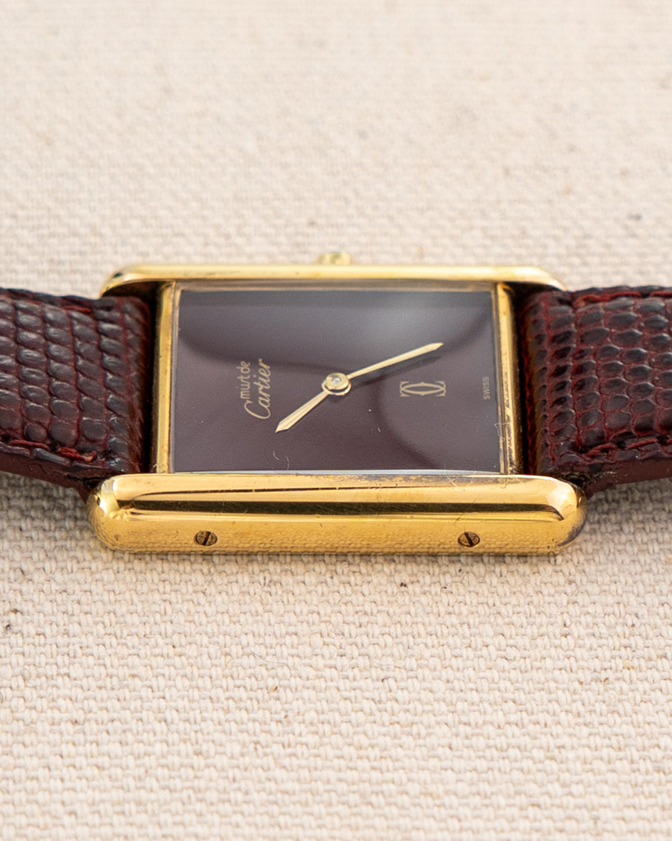 1990's Vintage Cartier Tank Must de Vermeil Large Model Ref. 681008 - Burgundy Red Dial