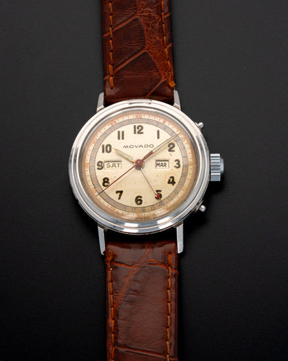 1940's Vintage Movado Triple Date Calendar Calendograf Acvatic Borgel Case - Silver Dial