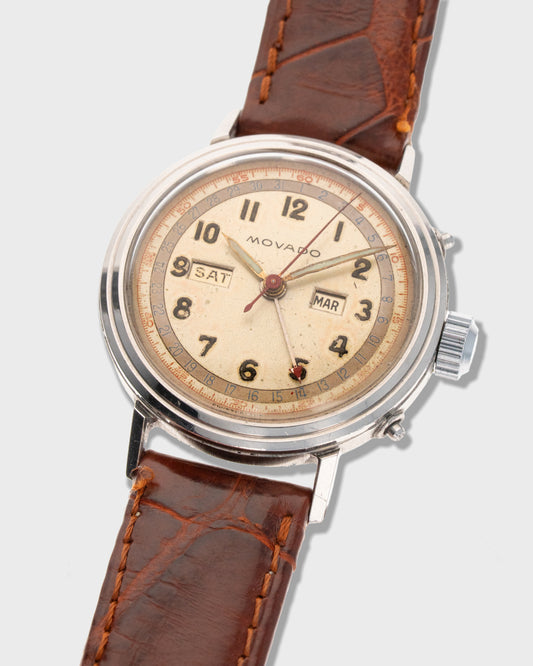 1940's Vintage Movado Triple Date Calendar Calendograf Acvatic Borgel Case - Silver Dial