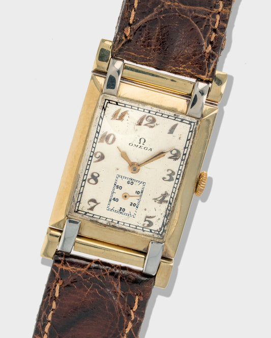 1930 Vintage Two-Tone Omega Art Deco Tank with Articulating Swivel Lugs Ref. 886 19.4 - Silver Dial with Breguet Numerals and French Case