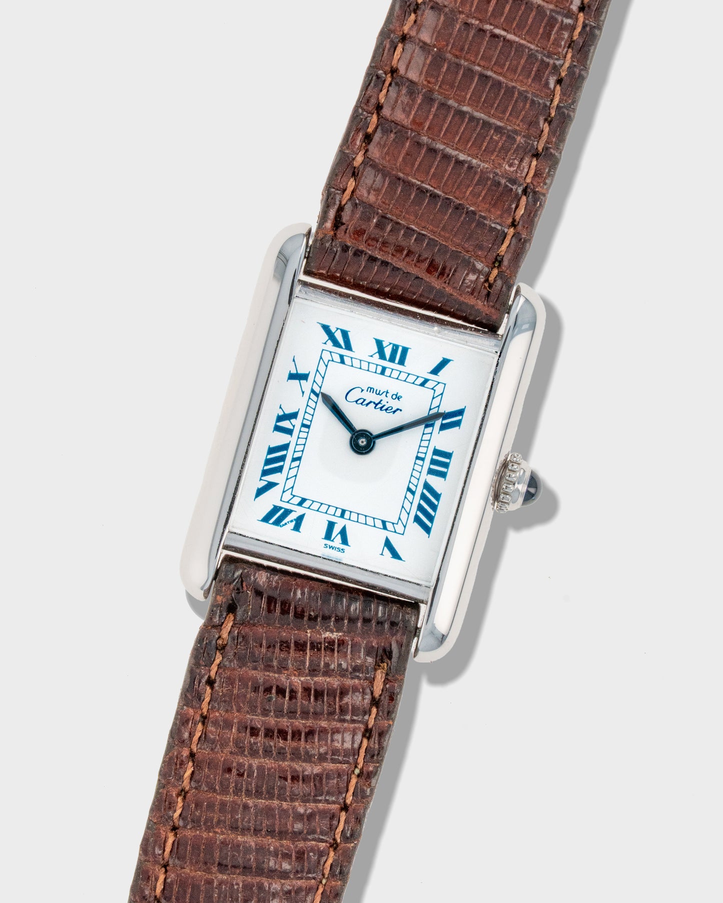 1980's Vintage Sterling Silver Cartier Must de Tank Quartz Small Model Ref. 6057002 - White Dial with Blue Numerals