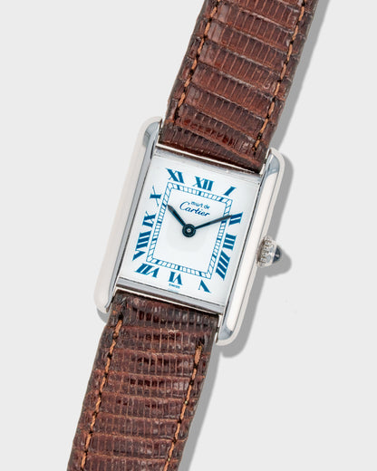 1980's Vintage Sterling Silver Cartier Must de Tank Quartz Small Model Ref. 6057002 - White Dial with Blue Numerals