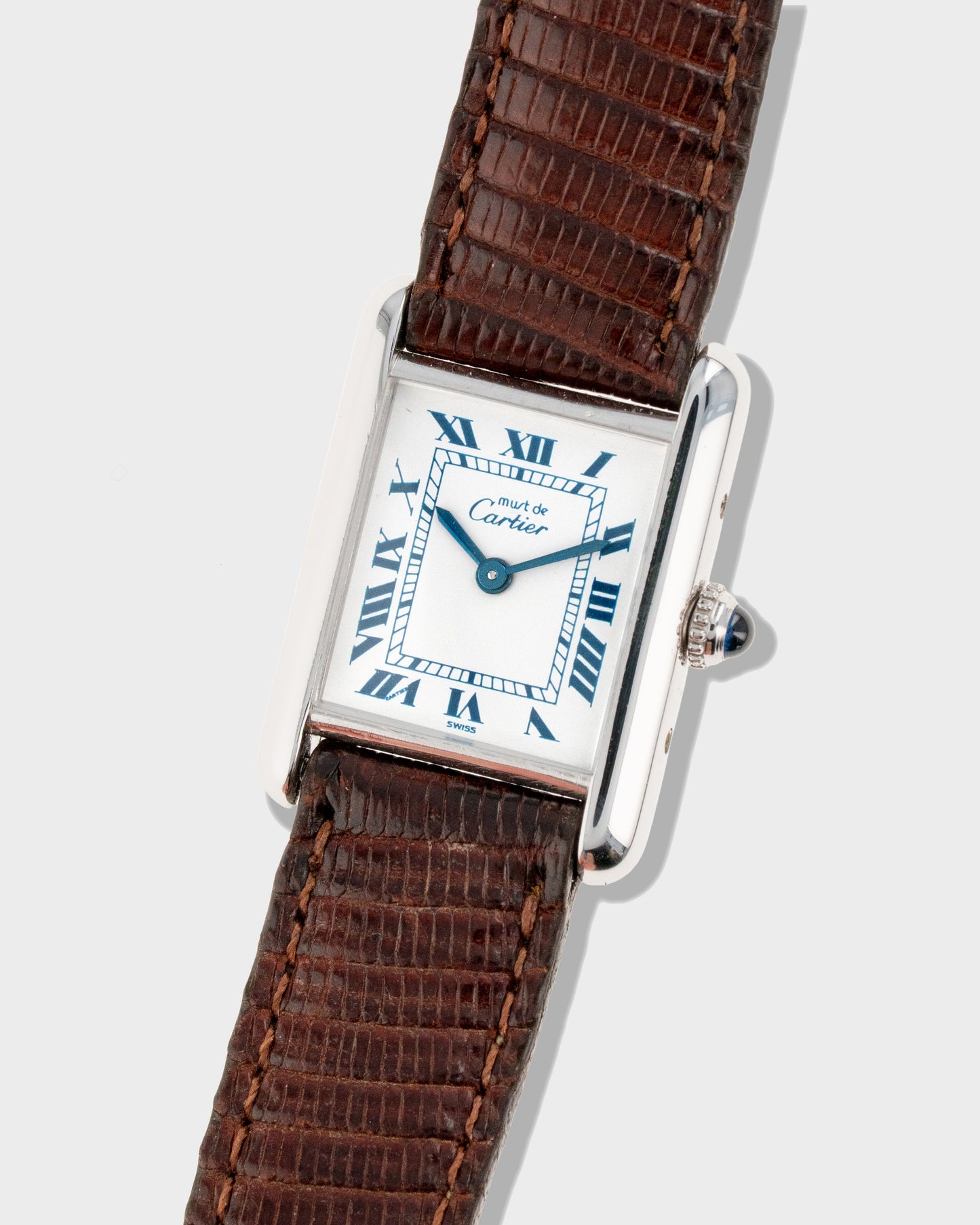 1980's Vintage Sterling Silver Cartier Must de Tank Quartz Small Model Ref. 6057002 - White Dial with Blue Numerals