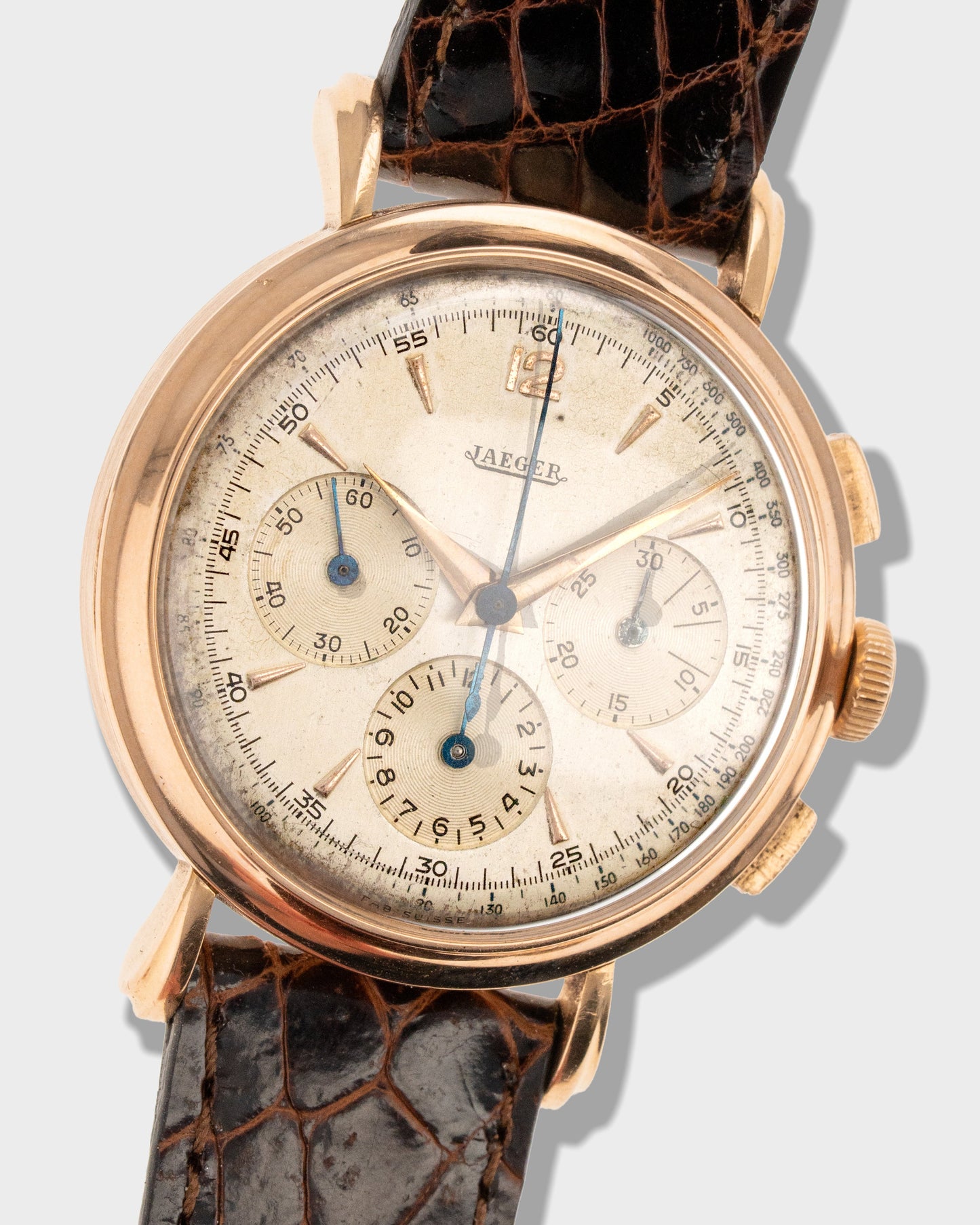 1950's Vintage Rose Gold Jaeger-LeCoultre 3-Register Chronograph Jumbo - 36.5mm Oversized Case with Fancy Lugs and French-Hallmarks