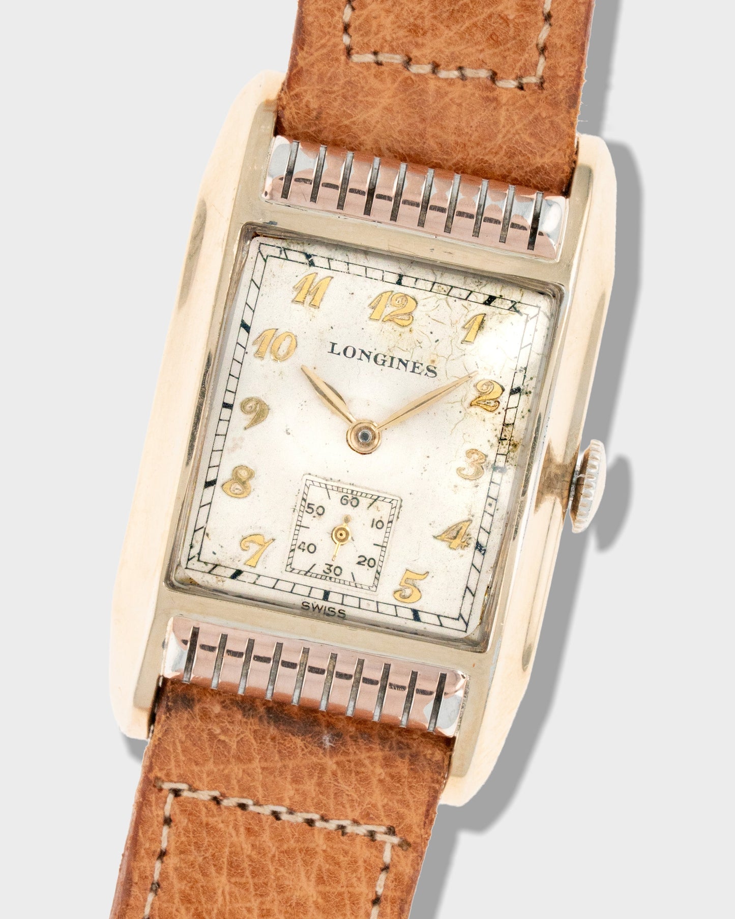 1942 Vintage	Yellow Gold-Filled	Longines "Curvex" Tank - Silver Dial with Breguet Numerals