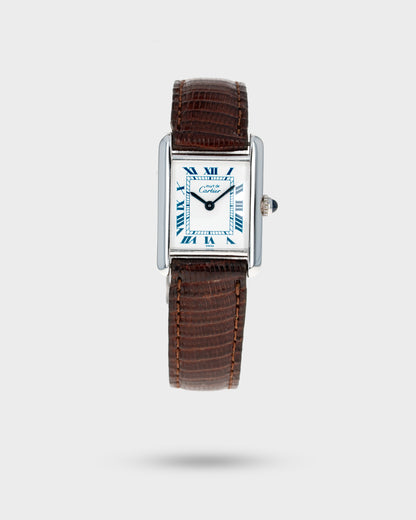 1980's Vintage Sterling Silver Cartier Must de Tank Quartz Small Model Ref. 6057002 - White Dial with Blue Numerals