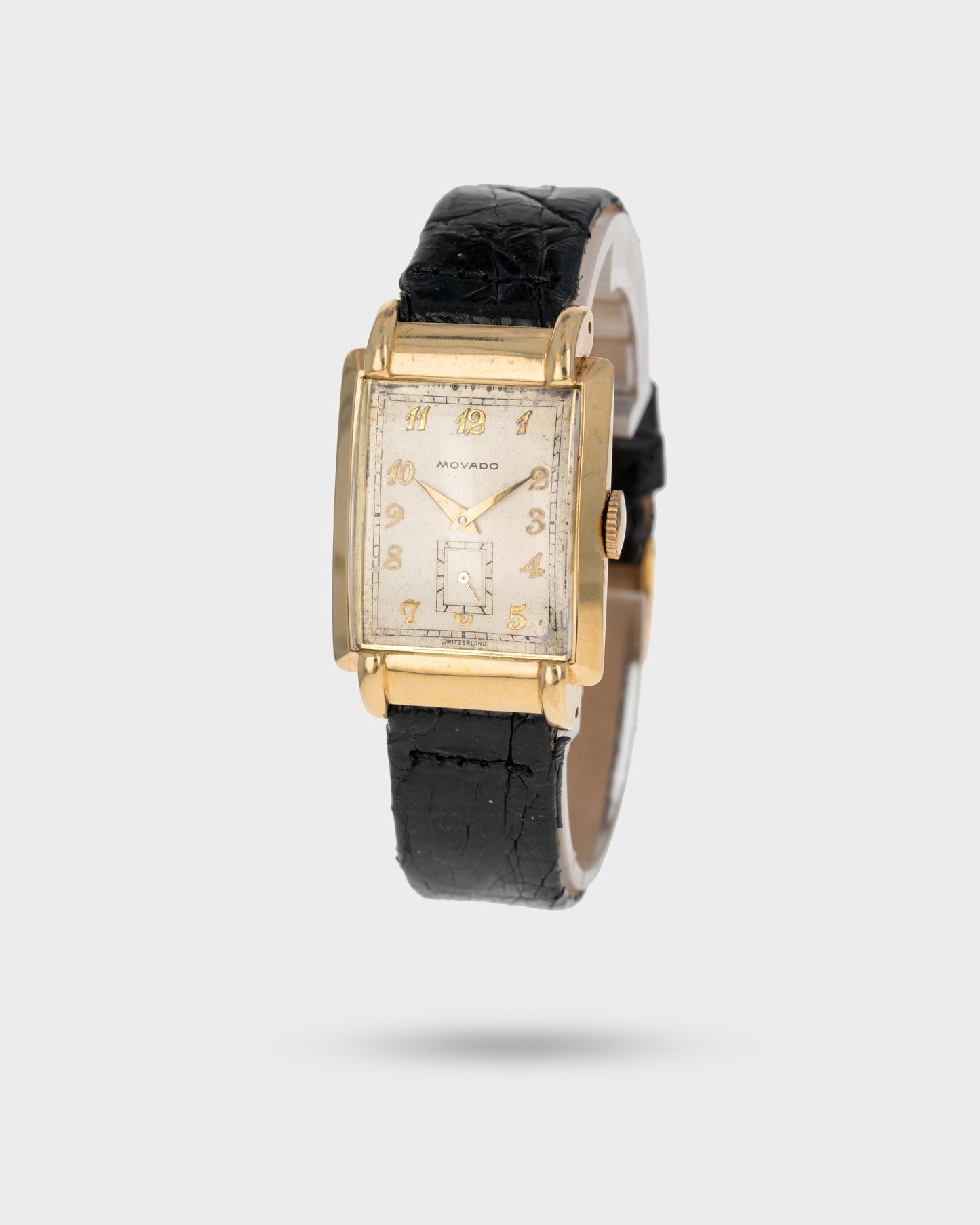 1940's Vintage 14K Yellow Gold Movado Rectangle - Silver Breguet Numeral Dial