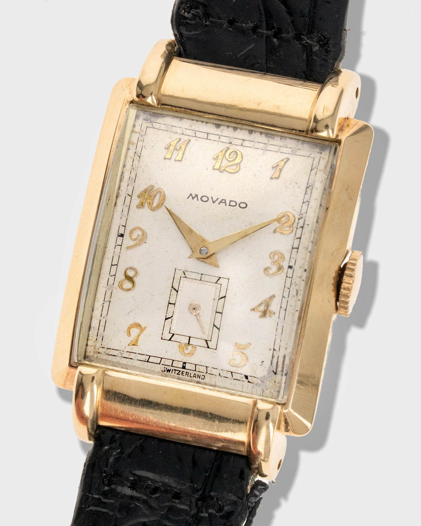 1940's Vintage 14K Yellow Gold Movado Rectangle - Silver Breguet Numeral Dial