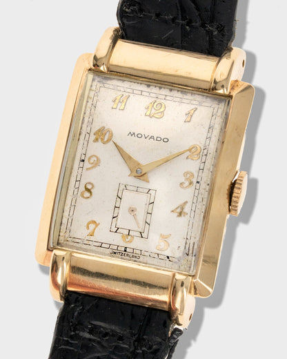 1940's Vintage 14K Yellow Gold Movado Rectangle - Silver Breguet Numeral Dial