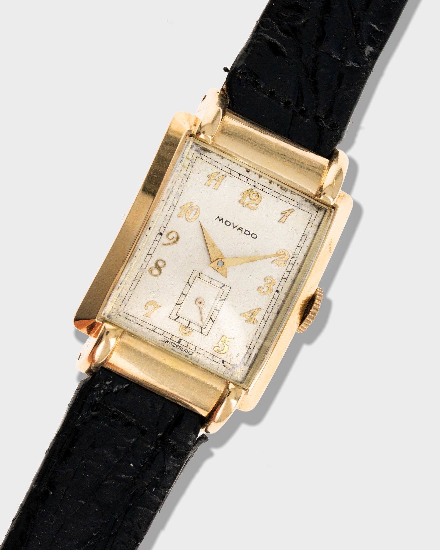 1940's Vintage 14K Yellow Gold Movado Rectangle - Silver Breguet Numeral Dial