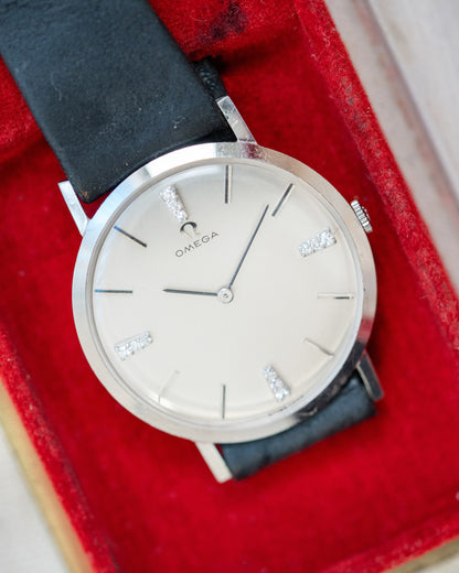 1964 Vintage White Gold Omega Ref. D 6672 - Diamond Dial with Original Box and Strap
