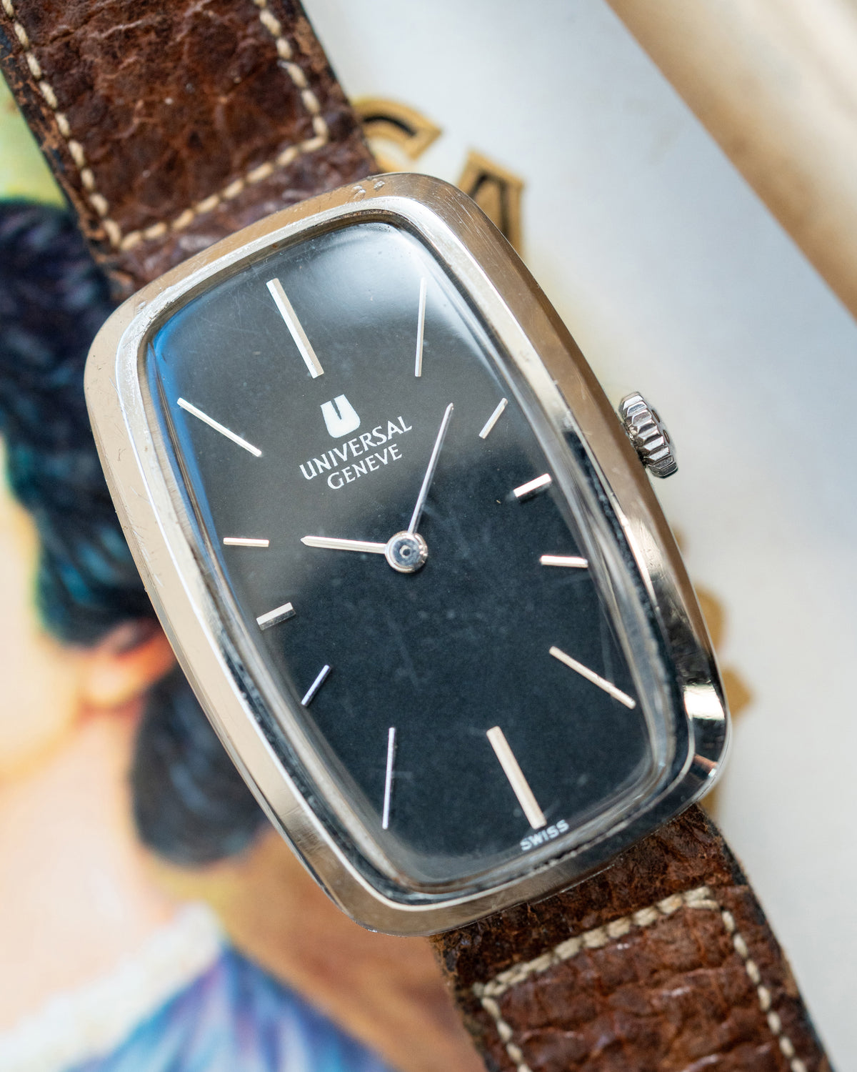 1970's Vintage Steel Universal Geneve Baignoire - Black Dial