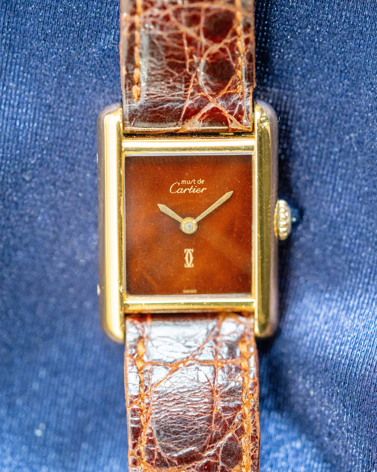 1970's Vintage Cartier Tank Must de Vermeil Small Model - Brown 'Wooden' or 'Tortoise' Dial