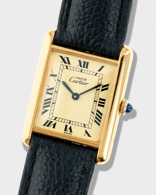 1970's Vintage Vermeil Cartier Must de Tank Vermeil Large Model - Yellow 'Lemon' Dial with Box and Cartier Strap